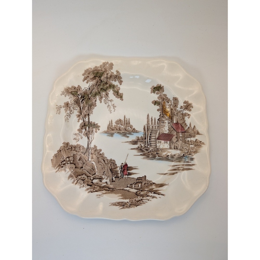 The Old Mill Johnson Bro Vista Brown Multicolor Square Scalloped Plate England
